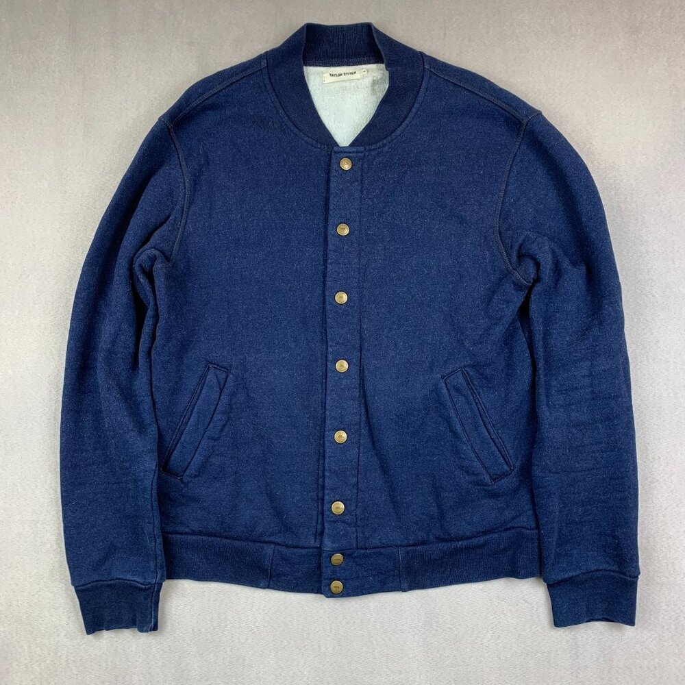 Taylor Stitch Mens Bomber Jacket 38 Small Blue Snap Button Up Fleece Lined USA